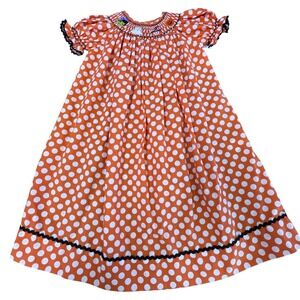 Lolly Wolly Doodle Girls Halloween‎ Dress Orange Polka Dot Smocked Size 3